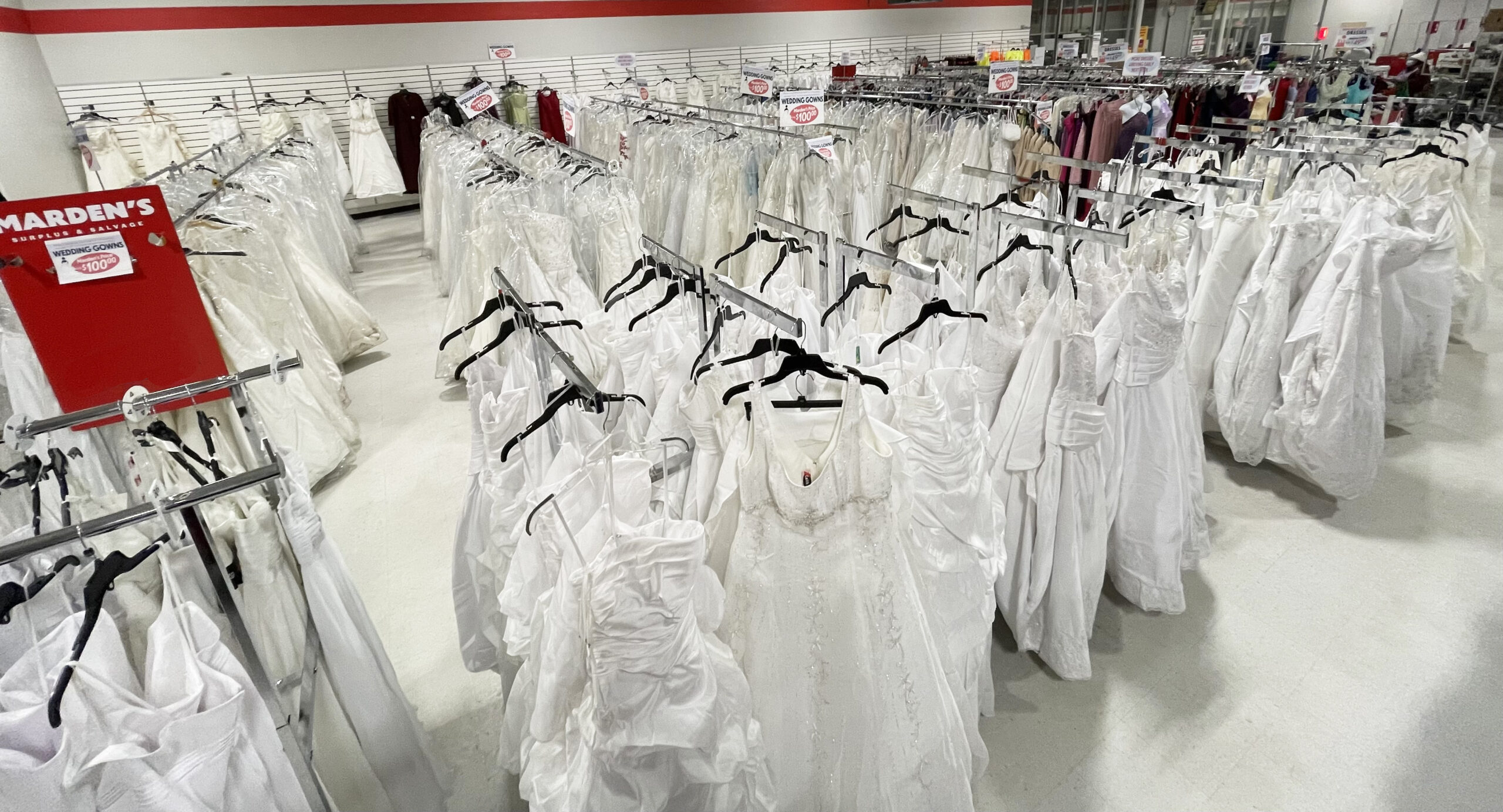Wedding dressed on racks on sale at Marden's